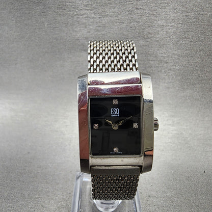 ESQ Tank Watch Women 21mm Black Dial Silver Tone Rectangle E5053 New battery0