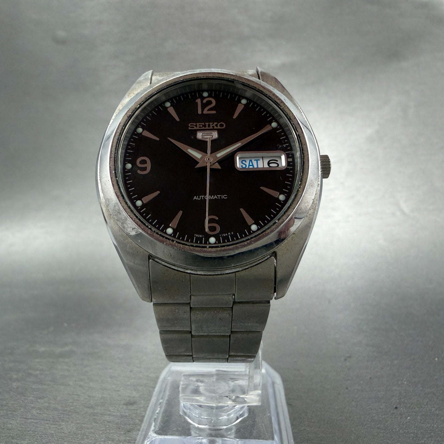 Seiko 5 Automatic Watch Men 37mm Black Dial Silver Tone Daydate 7S26-0440 Runs4