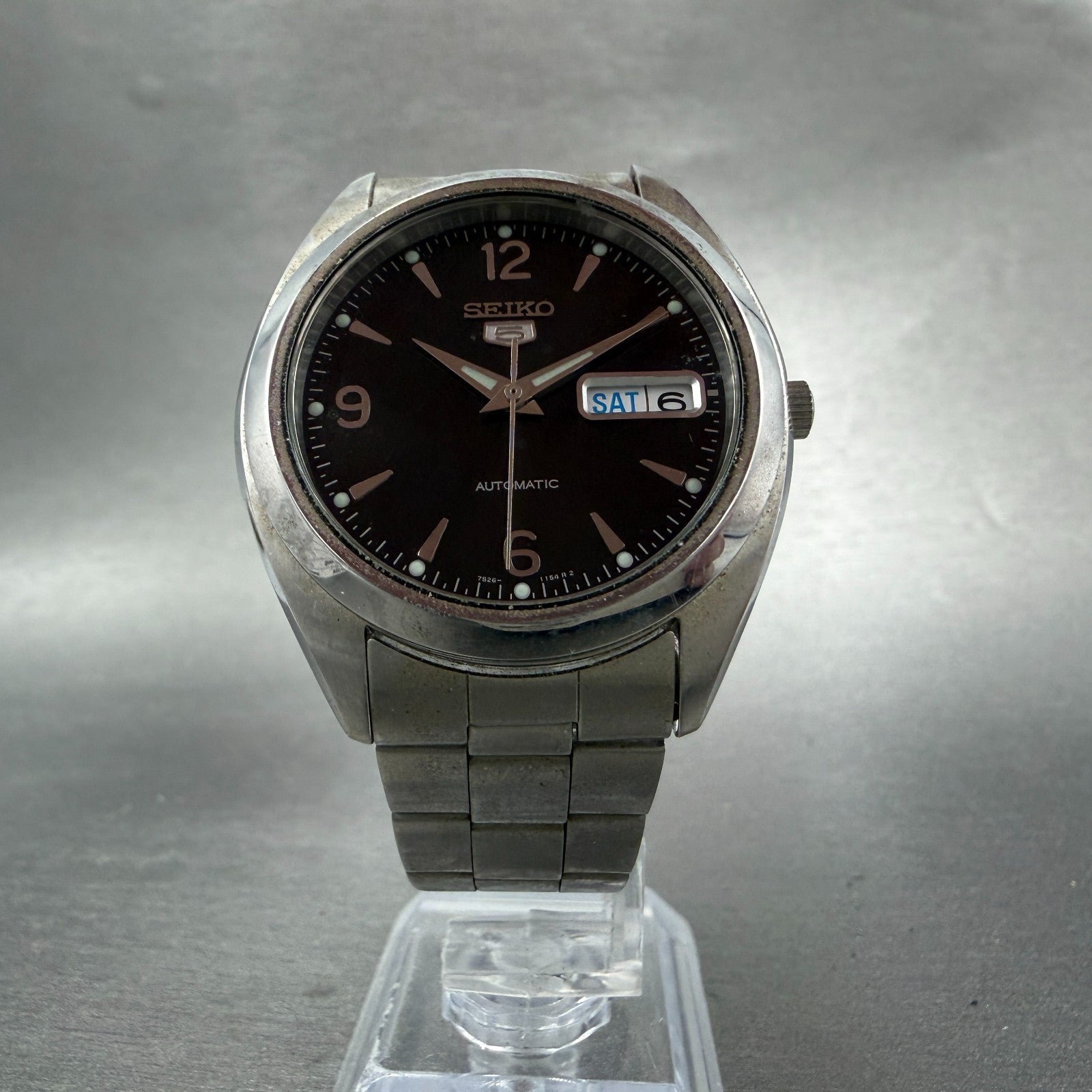 Seiko 5 Automatic Watch Men 37mm Black Dial Silver Tone Daydate 7S26-0440 Runs4