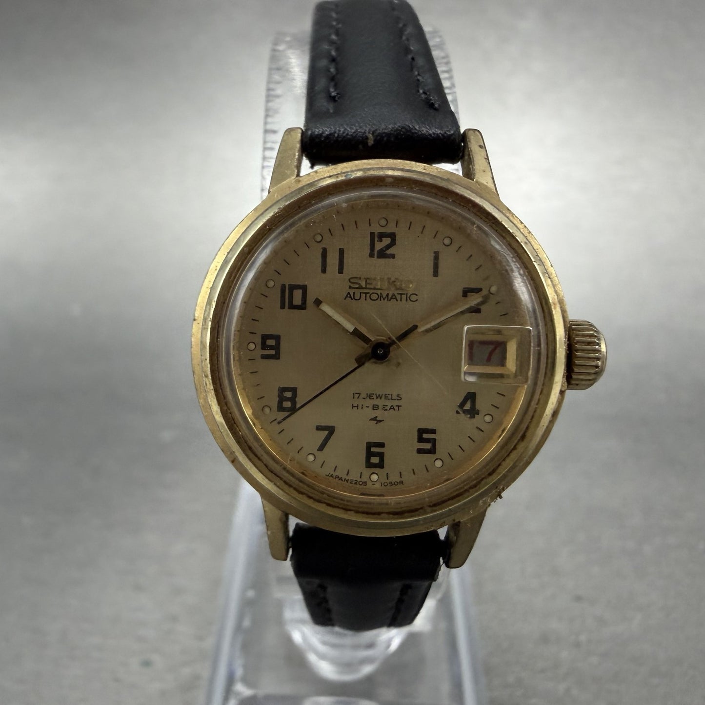 Seiko Automatic Watch Women 24mm Champagne Dial Gold Tone Date 2205-0599 READ!!!0