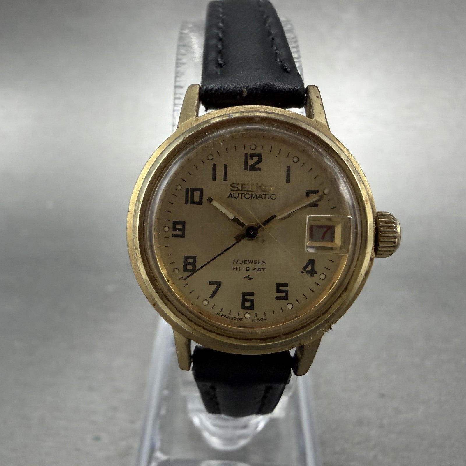 Seiko Automatic Watch Women 24mm Champagne Dial Gold Tone Date 2205-0599 READ!!!0