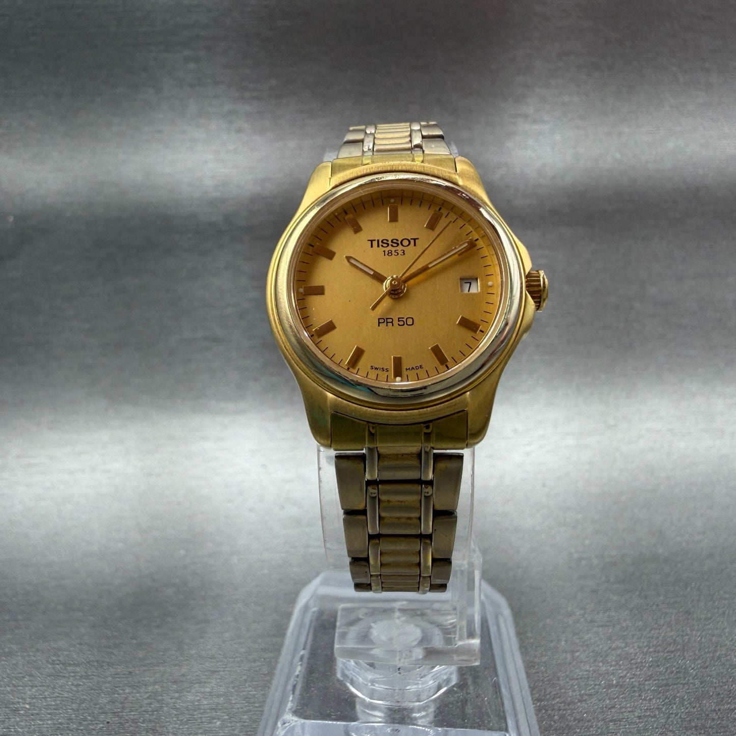 Tissot PR50 Watch Women 24mm Gold Dial Gold Tone Date Round NO CASEBACK PARTS6