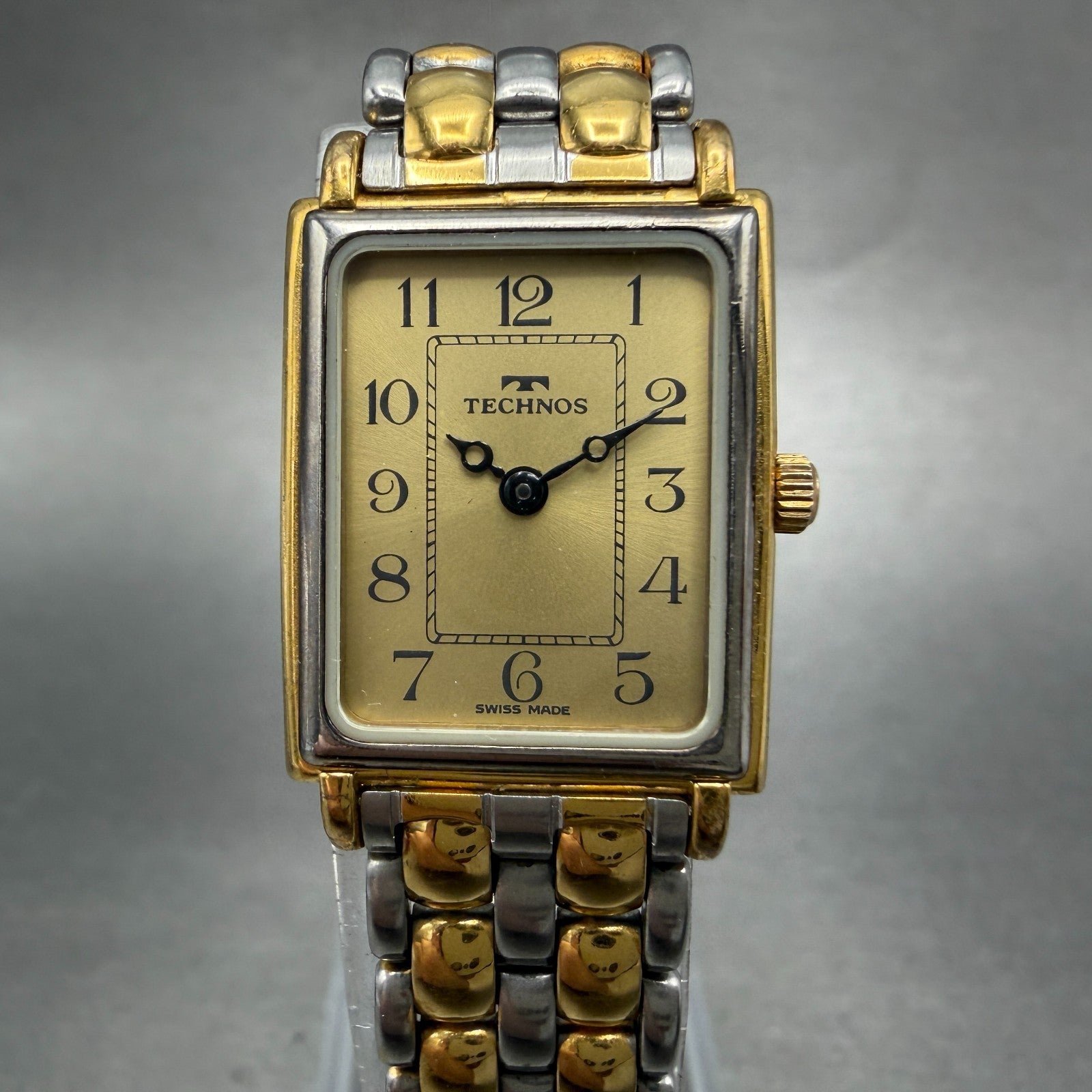Technos Tank Watch Women 18mm Gold Dial Two Tone  Rectangle New Battery0