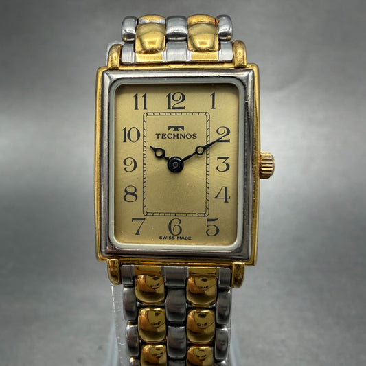 Technos Tank Watch Women 18mm Gold Dial Two Tone  Rectangle New Battery0