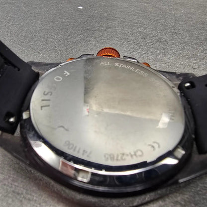 Fossil Chronograph Watch Men 43mm Black Dial Gray Tone Orange CH-2785 NewBattery9