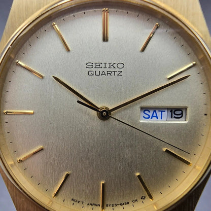Seiko Watch Men 33mm Champagne Dial Gold Tone Daydate 5Y23-8119 New Battery VTG1
