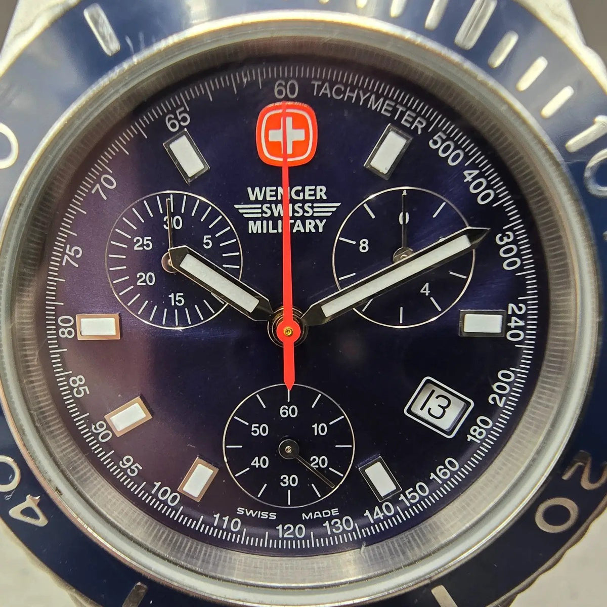 Wenger Swiss Military Chronograph Watch Men 42mm Blue Dial Steel Diver 791001