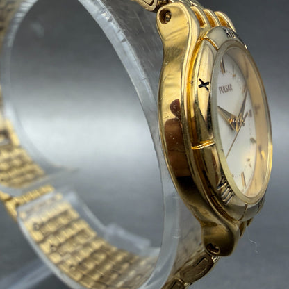 Seiko Pulsar Watch Women 24mm MOP Dial Gold Tone Round V401-1730 New Battery3