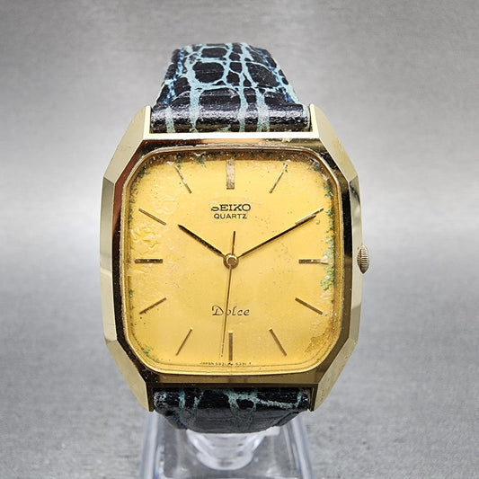 Seiko Dolce Tank Watch Men 30mm Gold Dial Gold Tone Rectangle 59315300 New Batt0