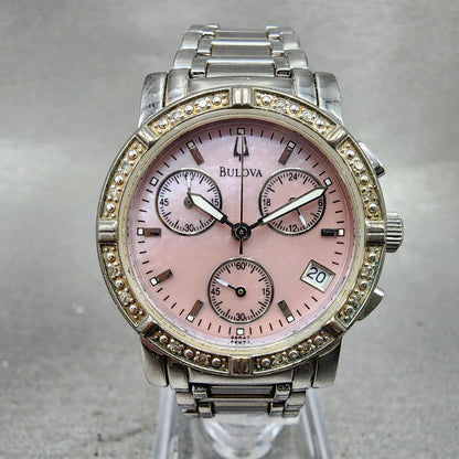 Bulova Chronograph Watch Women 30mm MOP Dial Silver Tone Date 96R47 New Battery0