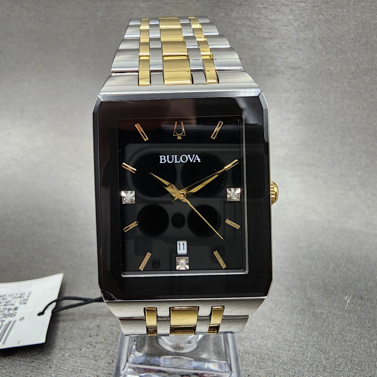 Bulova Quadra Tank Watch Women 21mm Black Dial Two Tone Rectangle 98P185 CHIPPED0