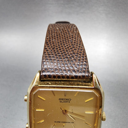 Seiko Analog Digital Watch Men 29mm Gold Dial Gold Tone Rectangle H601-5009 PART