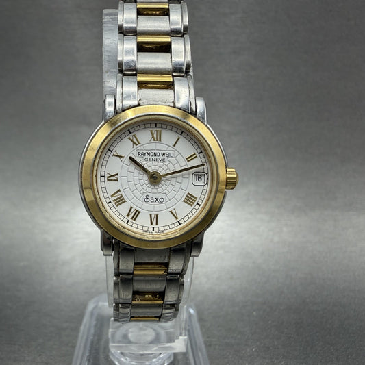 Raymond Weil Saxo Watch Women 23mm White Dial Two Tone Date Round 9621 New Batt0
