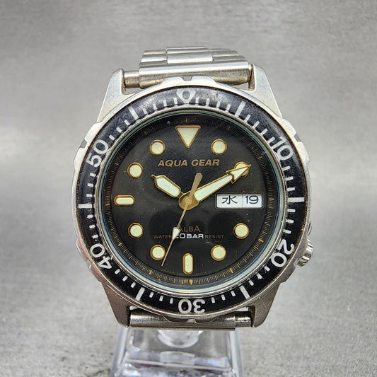 Seiko Alba Aqua Gear Dive Watch Men 37mm Black Dial Steel Daydate Round New Bat0