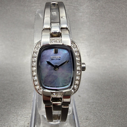 Citizen EcoDrive Watch Women 17mm MOP Dial Steel Rectangle Crystal Works1