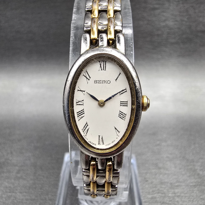 Seiko Watch Women 17mm White Dial Silver Tone Oval V400-1029 New Battery VTG 560