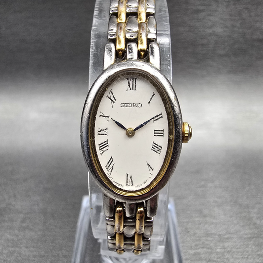 Seiko Watch Women 17mm White Dial Silver Tone Oval V400-1029 New Battery VTG 560