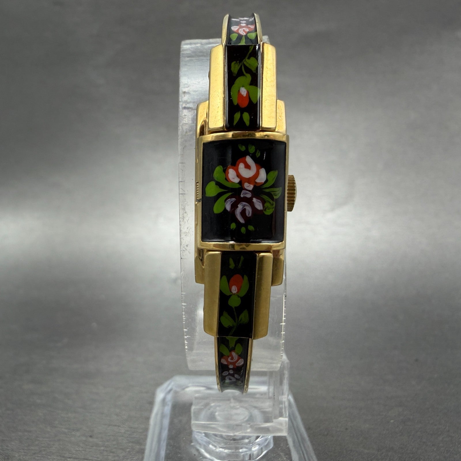 Ritma Hideaway Watch Women Silver Dial Gold Tone Floral Rectangle Manual Wind5