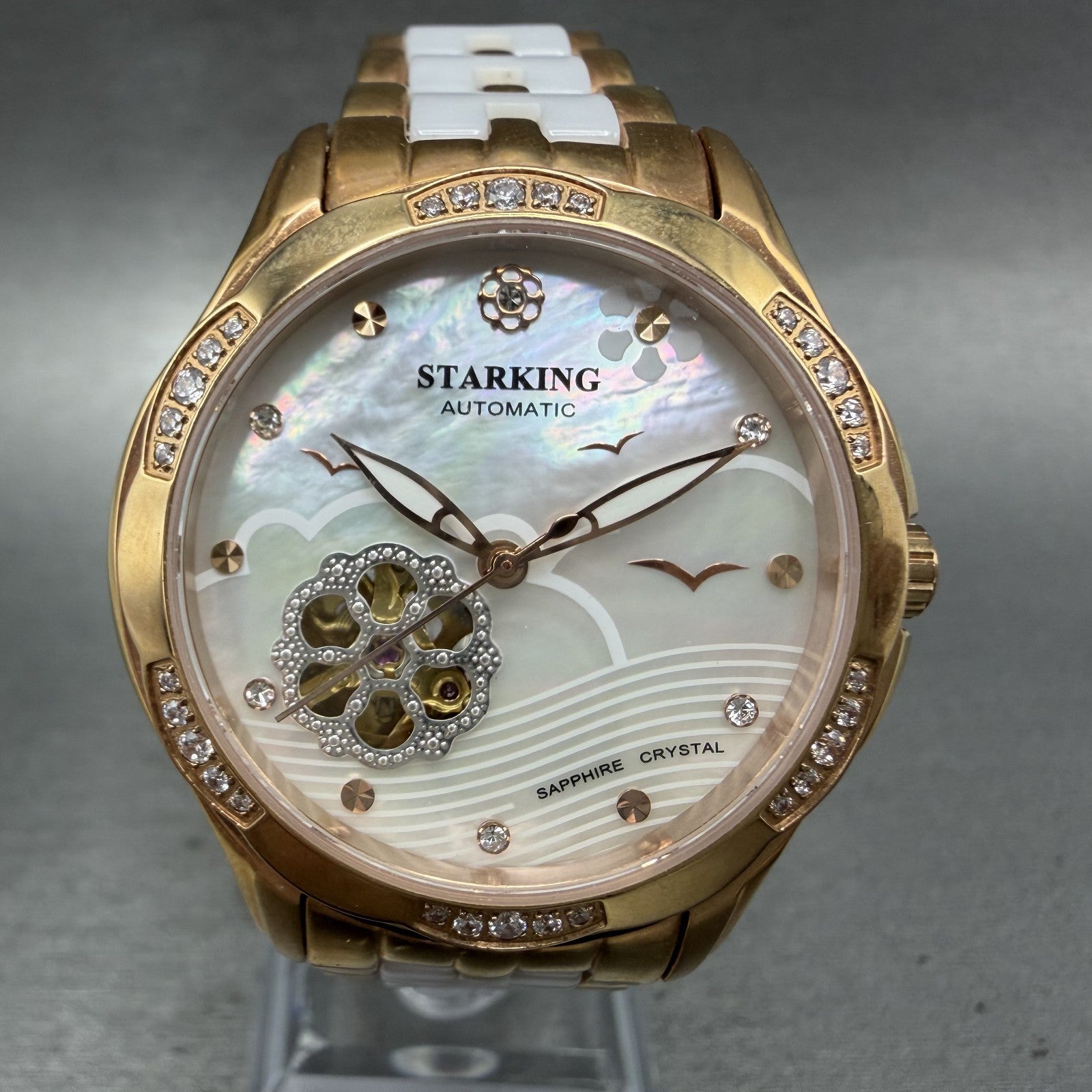 Starking Automatic Watch Women 35mm MOP Dial Rose Gold Tone Skeleton Runs0
