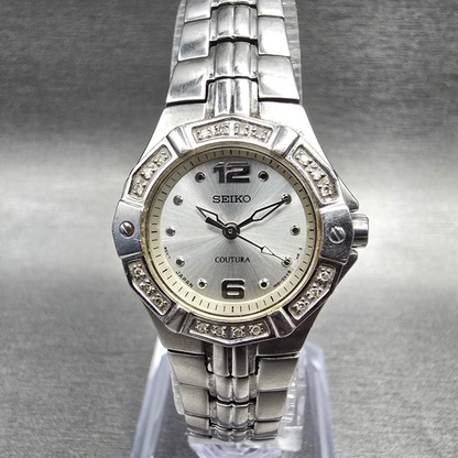 Seiko Coutura Watch Women 24mm Silver Dial Silver Tone Gemmed 1N01-0LE0 New Batt0