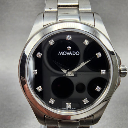 Movado Junior Sport Watch Women 26mm Black Dial Steel Round New Batt Full Set