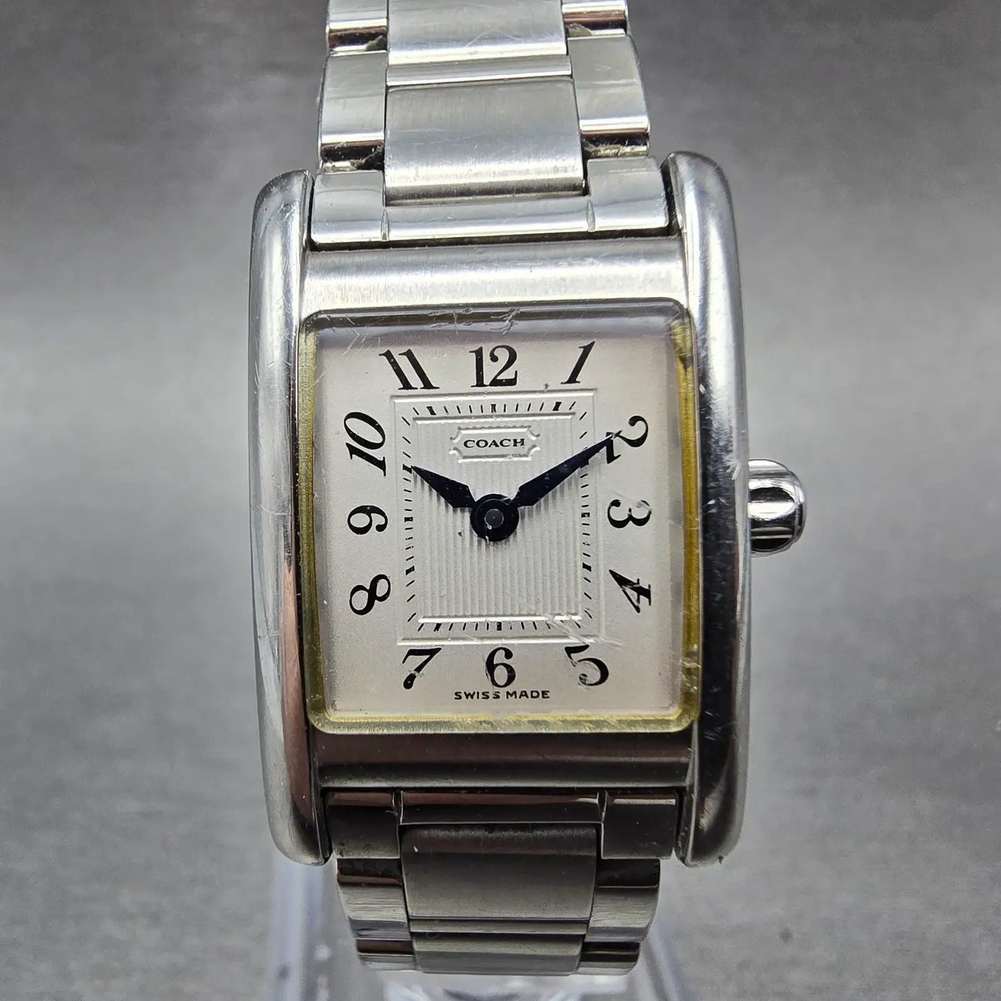 Coach Tank Watch Women 19mm Silver Dial Silver Tone Rectangle W002B New BatteryQ0