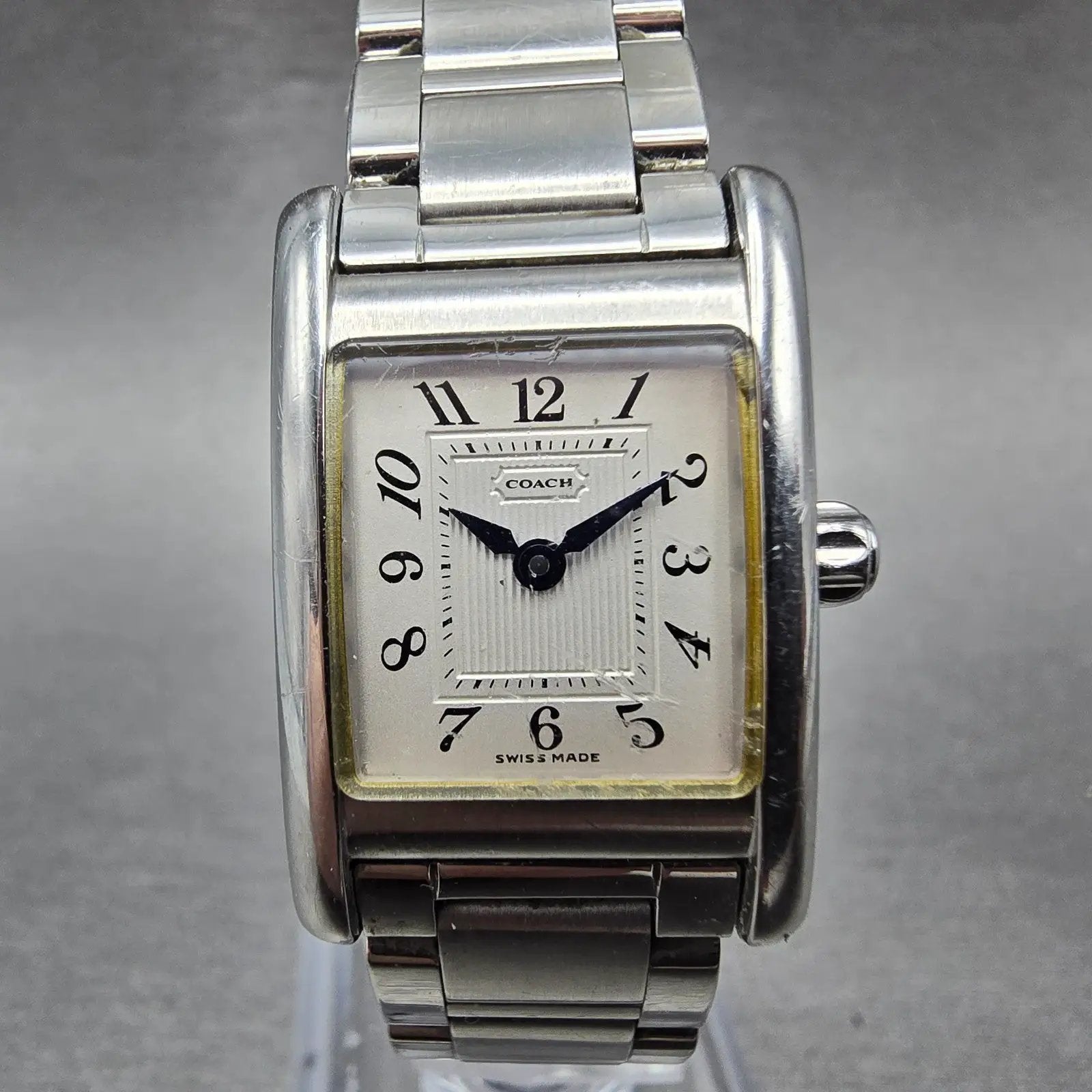 Coach Tank Watch Women 19mm Silver Dial Silver Tone Rectangle W002B New BatteryQ0