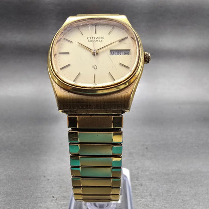 Citizen CQ Watch Men 31mm Champagne Dial Gold Tone Daydate 4-711521 New Battery5