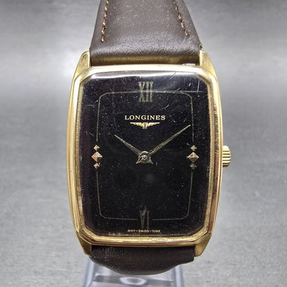 Longines Tank Watch Men 27mm Black Dial Gold Plated Manual Wind Runs VTG0