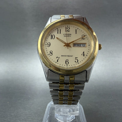 Citizen Watch Men 35mm Cream Dial Two Tone Daydate Round 1100-63910 New Batt ABC5