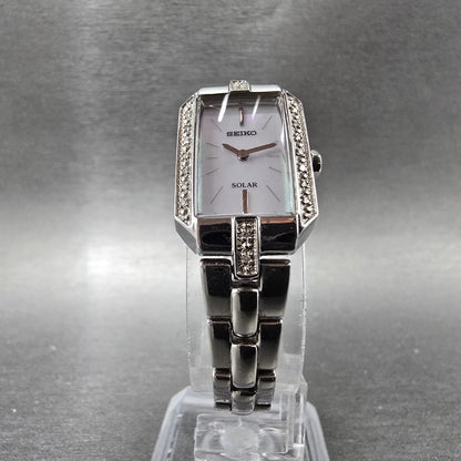Seiko Solar Watch Women 17mm MOP Dial Steel Rectangle Crystals V116-0AF0 Works6