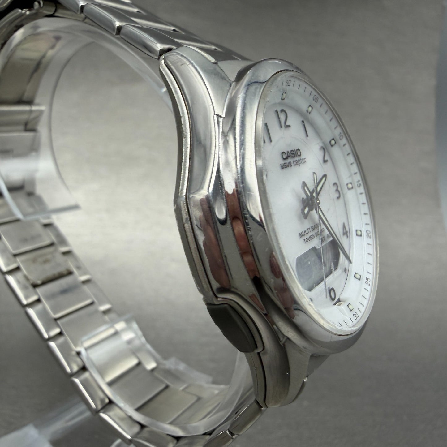 Casio Wave Ceptor Watch Men 42mm White Dial Steel Solar Analog Digital PARTS4
