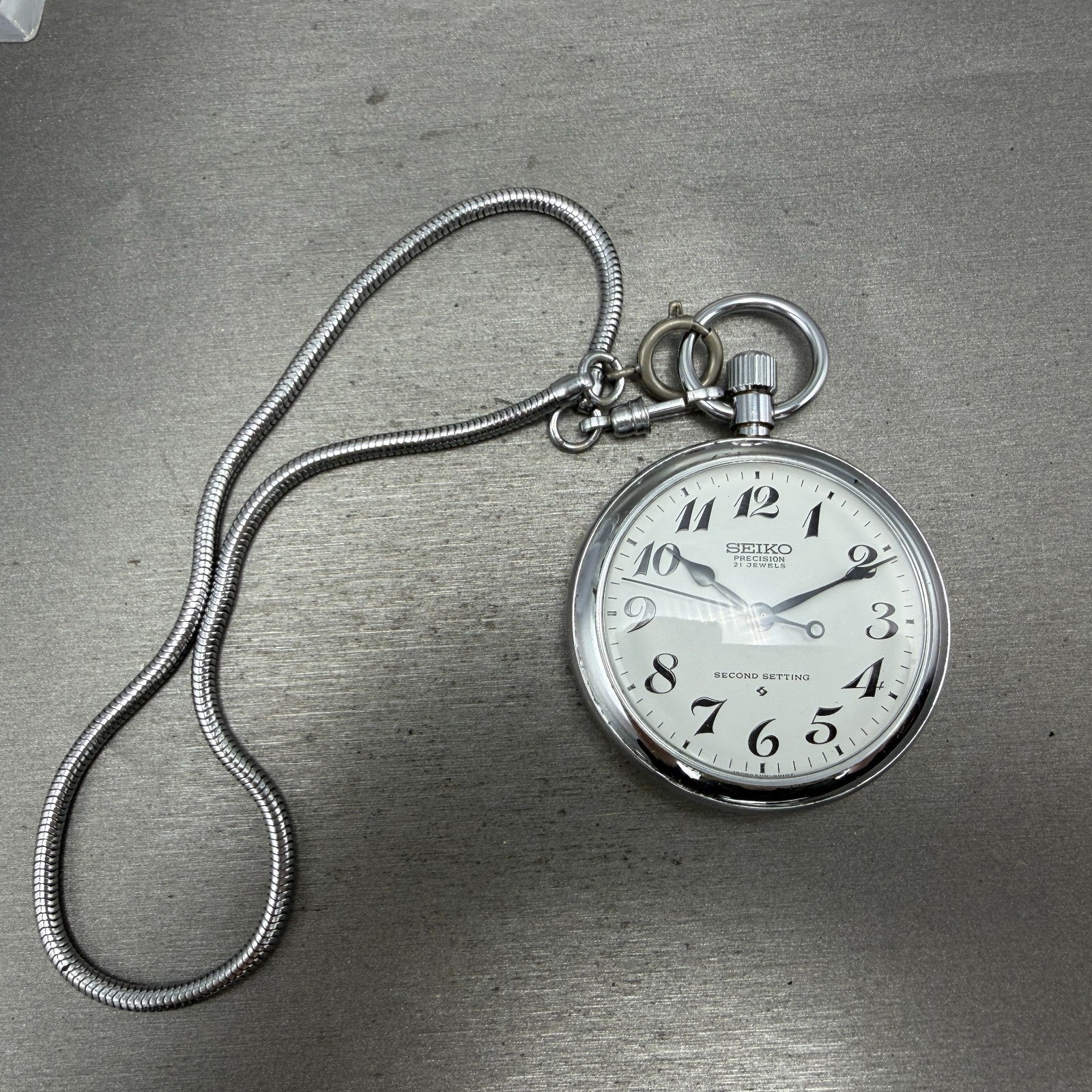 Seiko Precision Pocket Watch Men 50mm White Dial Steel Manual 6110-0010 Runs0