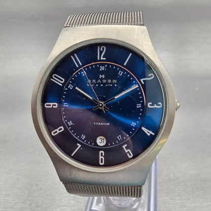 Skagen Watch Men 37mm Blue Dial Titanium Date Round 233XLTTN New Battery0