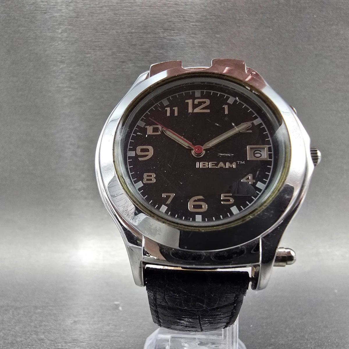 Ibeam Watch Men 40mm Black Dial Silver Date Round Flashlight New Battery5