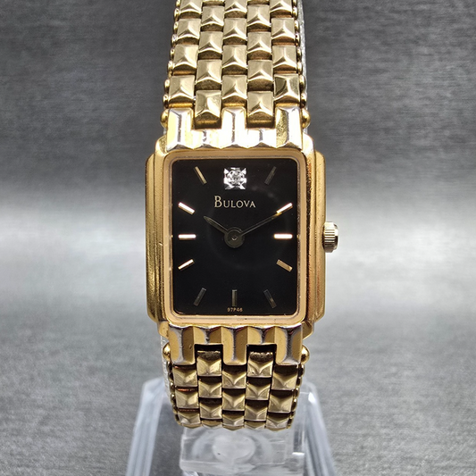 Bulova Tank Watch Women 17mm Black Dial Gold Tone Rectangle 97P46 New Battery0