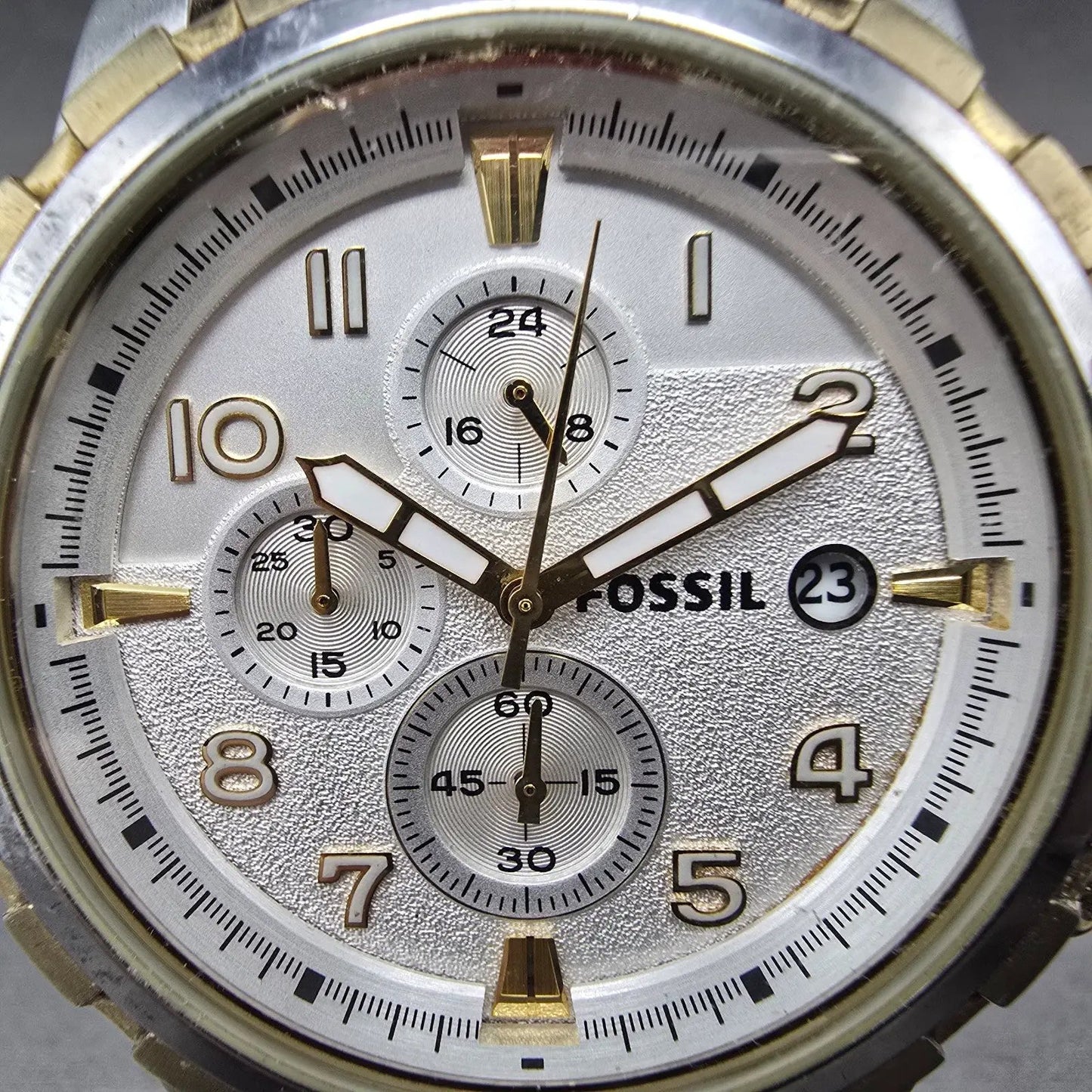 Fossil Dean Chronograph Watch Men 45mm Silver Dial Two Tone Date FS4795 New Bat1