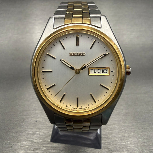 Seiko Watch Men 37mm Silver Dial Two Tone Daydate Round 7N43-9048 New Battery Ad0