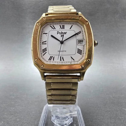 Seiko Pulsar Watch Men 33mm White Dial Gold Tone Date Y558-5019 Octagon PARTS6