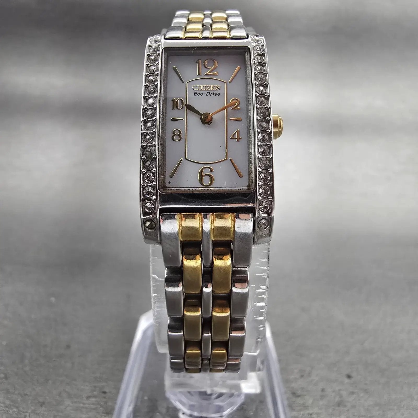 Citizen Eco-Drive Tank Watch Women 14mm White Dial Gemmed Rectangle G620 Works5