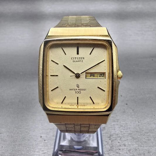 Citizen CQ Watch Men 32mm Champagne Dial Gold Tone Daydate 3800-451279 New Batt0