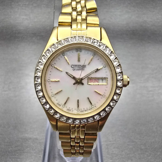 Citizen Watch Women 25mm MOP Dial Gold Tone Gemmed Daydate 1002-S044456 New Batt0