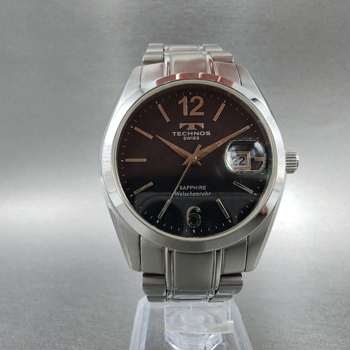 technos Watch Men 37mm Black Dial Silver Tone Date Round TGM656 New Battery5