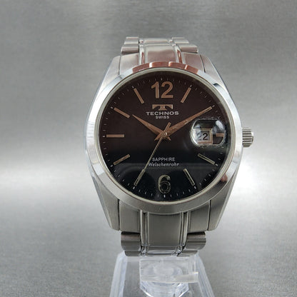 technos Watch Men 37mm Black Dial Silver Tone Date Round TGM656 New Battery5