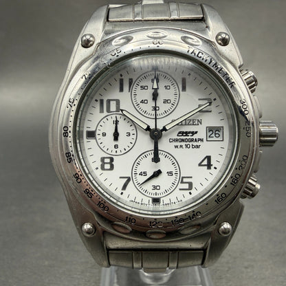 Citizen OXY Chronograph Watch Men 39mm White Dial Silver Tone Date New Battery0