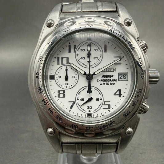 Citizen OXY Chronograph Watch Men 39mm White Dial Silver Tone Date New Battery0