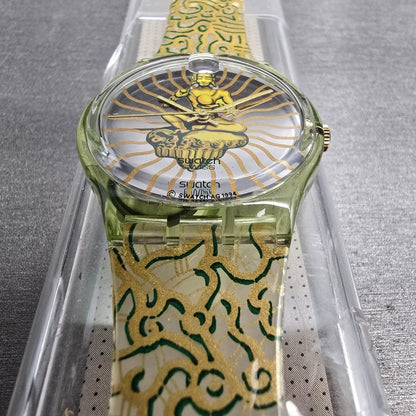 Swatch Tai Sun Watch Men 34mm Silver Dial Green Case GG133 New Battery NOS6