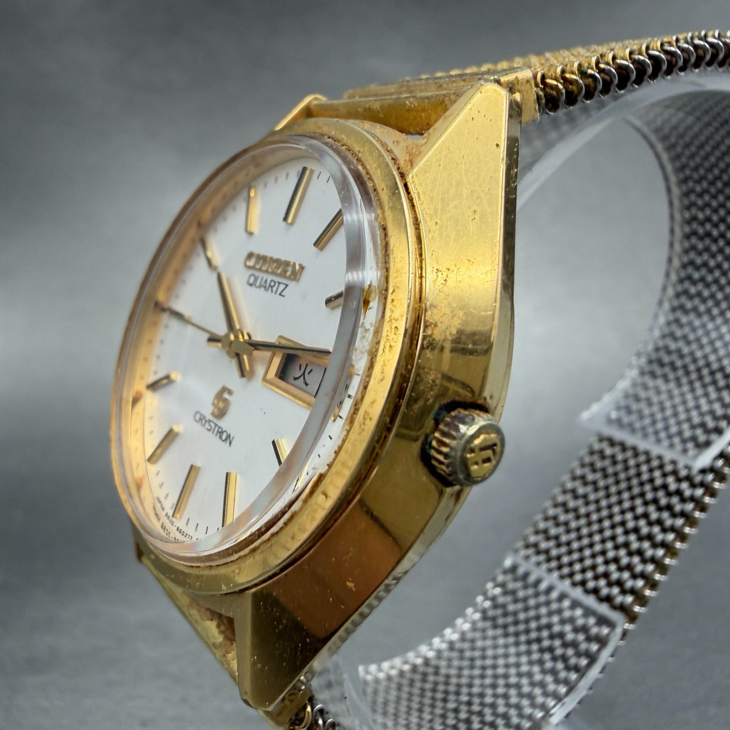 Citizen CQ Crystron Watch Men 38mm Silver Dial Gold Tone Daydate 4-860250 NewBat2