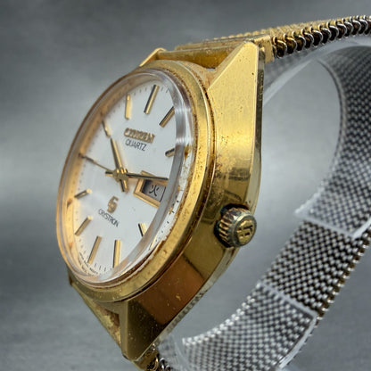 Citizen CQ Crystron Watch Men 38mm Silver Dial Gold Tone Daydate 4-860250 NewBat2