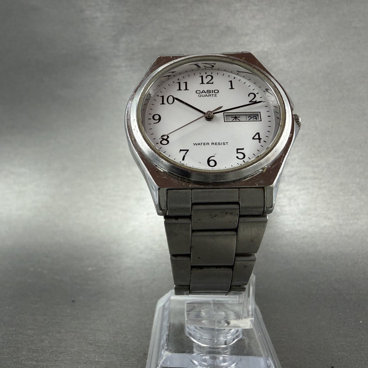Casio Watch Men 36mm White Dial Silver Tone Daydate Round MTP1240 New Battery5